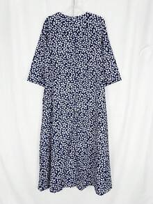 Vestido de manga larga con bolsillo decorativo y estampado sin posicionamiento para mujer de talla grande, ropa informal para resort, otoño - Azul Marino - Ver 2