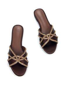 女士优雅水钻绑带镂空装饰巧克力棕色绉布时尚圆头舒适平底穆勒凉鞋，适合日常穿着和派对，春夏装扮 - 巧克力棕 - 查看 3