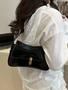 女士复古仿油皮革翻盖装饰单肩腋下包，适合约会、郊游、聚会 - 黑色 - 查看 4