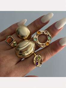5pcs/Set Fashionable Colorful Ring Set, Exaggerated Stacking Metal Smooth Open Rings, Suitable For Party, Gift, Daily Wear - Gold - View 1