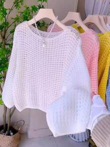 Casual Solid Color Hollow Knit Sweater - Beige - View 2