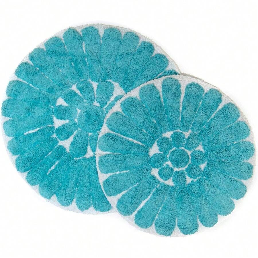 Local Delivery-Flower 2 Pc. White & Lilac Round Bath Rug Set 45952 (24" & 30") - White/Aqua - View 1