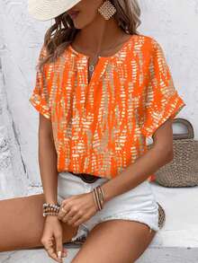 Women's Summer Casual V-Neck Short Sleeve Allover Print Shirt, American Vintage Texture Print Shirt, Vacation Style Flattering Versatile Design - Orange - View 4