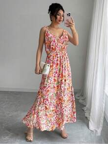 Vestido De Tirantes Con Estampado Floral Para Mujer, Casual De Vacaciones,Vestido Largo De Playa - Rosa - Ver 1