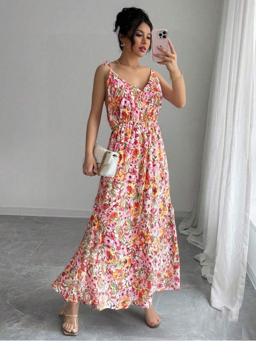 Vestido De Tirantes Con Estampado Floral Para Mujer, Casual De Vacaciones,Vestido Largo De Playa - Rosa - Ver 1