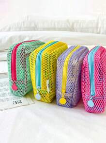 1pc Dopamine Color Mesh Data Cable Storage Bag, Portable Handheld Wired Earphone Power Charger Lipstick Bag, Pink/Purple/Blue Small Travel Storage Bag, Travel Essentials, Travel Accessories, Mobile Phone Storage Bag Cable Organizer