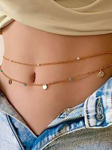 2 Cadenas de cintura redondas de turquesa de verano, cadena de cintura y vientre metálica multicapa para bikini, joyería para mujer, cadena corporal de cuentas sexy para la playa