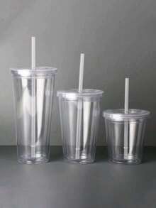 1 pieza Vaso de plástico transparente con doble pared y pajita, vaso aislado para té con leche de 350ml/450ml/650ml - transparente - Ver 6