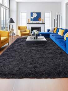 1 pieza Alfombra de área rectangular negra de lujo con pelo largo, estilo nórdico minimalista para sala de estar o dormitorio, alfombra suave y cómoda de moda adecuada para uso en interiores en todas las estaciones.