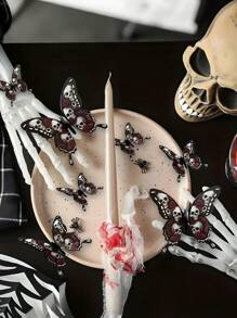 12 件现代哥特式蝴蝶墙贴，骷髅玫瑰图案，自粘式 PVC 墙贴，适用于万圣节装饰，一次性使用不对称形状