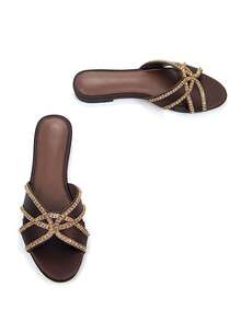女士优雅水钻绑带镂空装饰巧克力棕色绉布时尚圆头舒适平底穆勒凉鞋，适合日常穿着和派对，春夏装扮 - 巧克力棕 - 查看 4