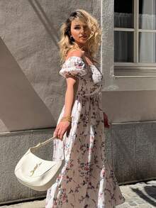 Jeta Ari Vestido con cuello cuadrado, mangas cortas y bajo fruncido con estampado floral menudo, adecuado para uso casual, trabajo, viajes, playa, estilo bohemio, western, festivales de música y campo - Multicolor - Ver 2