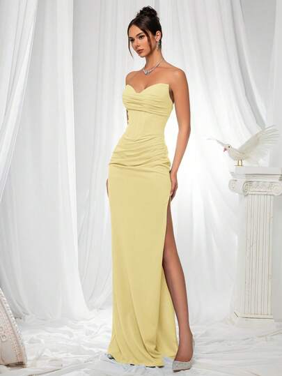 VIPGIRL Elegant Bridesmaid Dress: Strapless Fitted Satin Dress, Paired With Waist-Cinching Top And Draped Waistline - Minimalist Luxurious Formal Evening Gown, Suitable For Wedding Guest Attire Spring