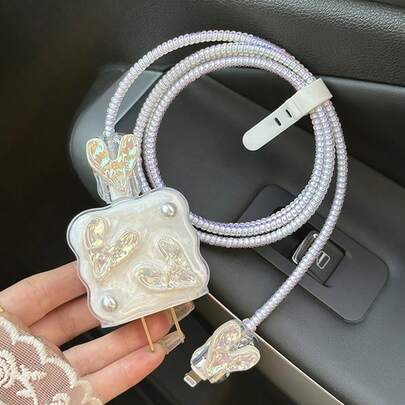 5 件 3D 心形卡通电镀充电器适配器和数据线保护套套装 兼容 Apple 20W/18W 手机充电器数据线保护套、充电器配件、手机配件