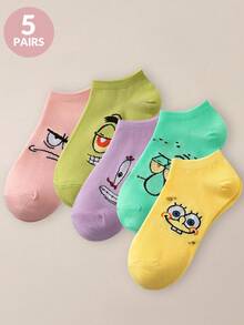 SPONGEBOB 1/3/5/10 pares de calcetines de tobillo para mujer con estampado de Bob Esponja, calcetines de dibujos animados divertidos y novedosos, calcetines transpirables y que absorben la humedad de corte bajo para uso diario en verano - Multicolor - Ver 12