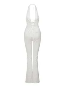 Women's Y2k Lace Jumpsuits Sexy Coquette Halter Neck Cross Backless Sleeveless Long Rompers Summer Slim Fit Playsuits Clubwear Streetwear - trắng - Xem 5