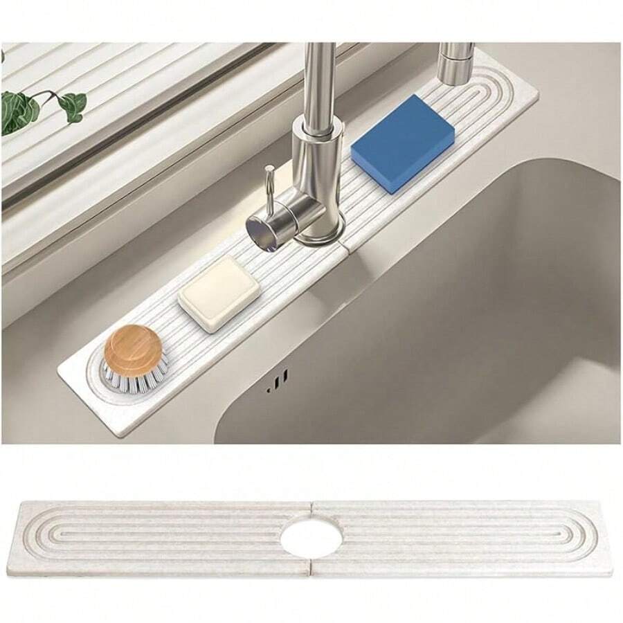 Faucet Mat For Kitchen Sink, Long Size Diatomite Fast Drying Stone Sink Tray, Super Water Absorption, Prevent Moisture Accumulation, Splash Proof Bathroom Counter Faucet (White, 23.6*3.9Inch) - White - View 1
