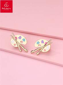 1 Pair Plated Gold Zinc Alloy Colorful Palette & Paintbrush Stud Earrings, Suitable For Girls Back To School Season Wear And Gift To Friends - one-size - View 1