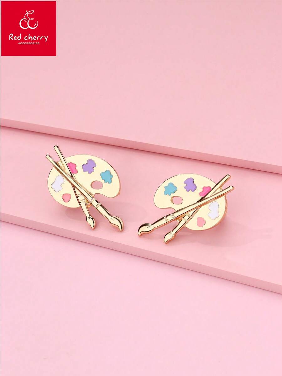 1 Pair Plated Gold Zinc Alloy Colorful Palette & Paintbrush Stud Earrings, Suitable For Girls Back To School Season Wear And Gift To Friends - one-size - View 1