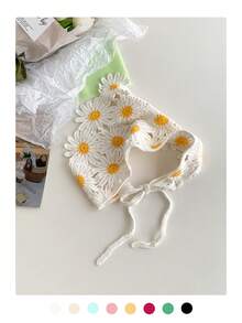 1条法式复古手工针织三角围巾，女士夏季旅行和拍照道具，可爱花朵发带防晒，波西米亚风头巾，发饰，头巾式发带，秋冬季度假装扮发带，女士柔软头巾 - 彩色 - 查看 32