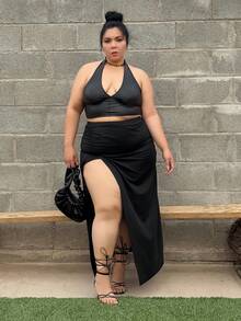 Truni Elyhuante_03 Plus Size Women's Solid Color Simple Side Slit Long Skirt, For Pear Triangle Body Shape