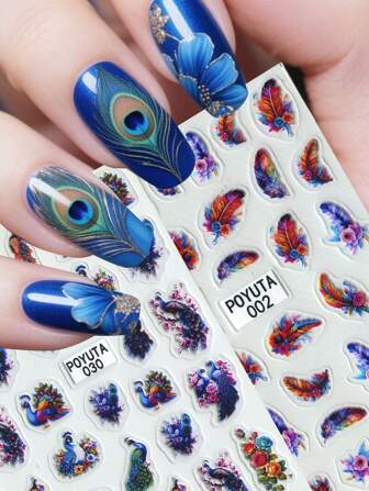 1 pièce Autocollant d'art pour les ongles fleur de paon magnifique, décalcomanie d'ongles décorative fleur de paon, slider d'ongles à plumes colorées, fournitures d'art pour les ongles gaufrés 5D, autocollants, surface brillante, forme asymétrique, pour une utilisation jetable de l'art des ongles, convient aux femmes