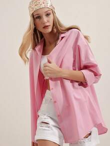 Basic Oversized Casual Button Front Shirt, Solid Color - Dusty Pink - View 3