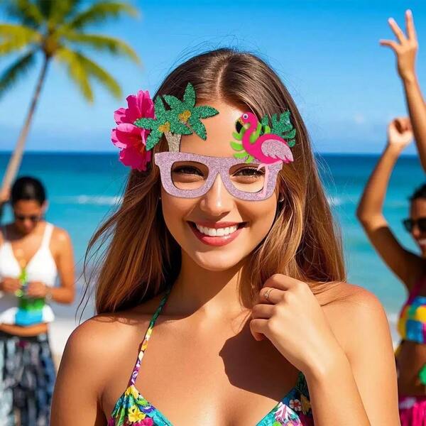 1pc Hawaiian Decorative Sunglasses, Flower & Flamingo Patterned Party Costume, Photo Prop Funny Eyeglasses