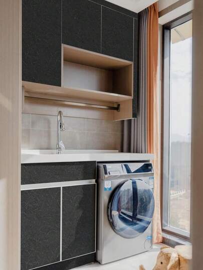 Roll Zwart Imitation Zijden Home Self Adhesive Peel Stick Wand Paper, Room Bedroom ,Living ,Kitchen Cabinets Stickers, Thicken Removable Contact Paper Countertops Furniture Renovation Wallpaper view 8