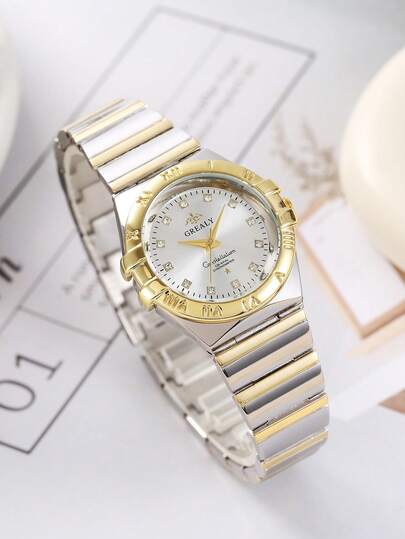 1 件女士时尚简约百搭奢华水钻不锈钢石英表