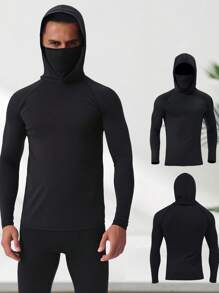 2pcs Men's Outdoor Sports Hooded Face Mask Tight Jumpsuit, Men's Running, Cycling, Fishing, Casual Long Sleeve