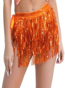 1 pieza Falda envolvente para la cintura con flecos brillantes, falda de 4 capas con flecos de lentejuelas para danza del vientre, danza latina, actuaciones de danza, adecuado para Halloween, carnaval, fiestas de baile, accesorios decorativos para la cintura