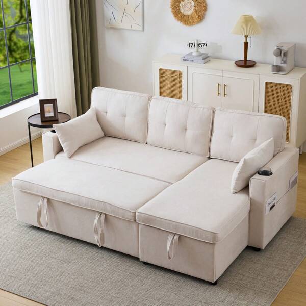 okwish Divano letto con funzione letto, divano a L con portabicchieri, divano imbottito, poltrona con spazio contenitore, divano letto per soggiorno, lato sinistro e destro intercambiabili, beige