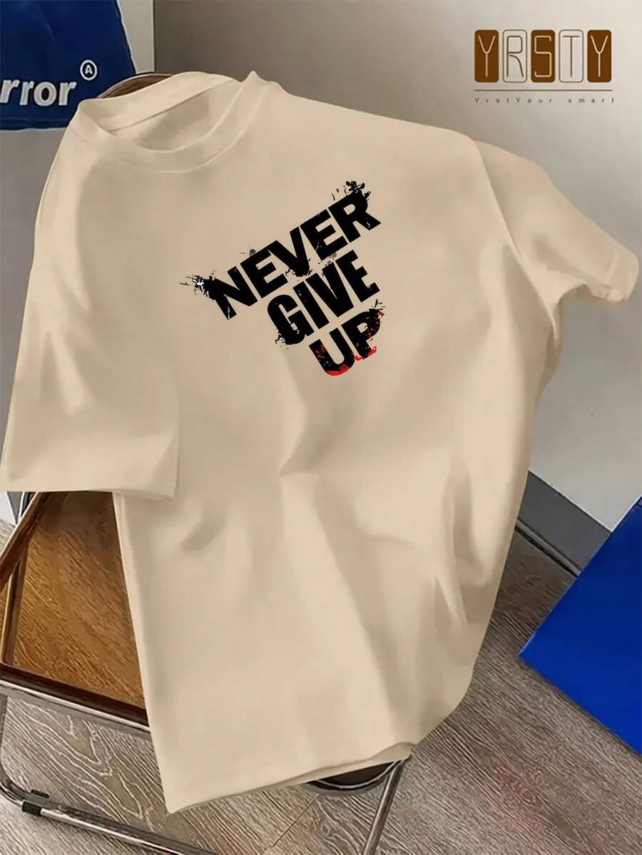 Popular  Men's Short Sleeve Shirts Never Give Up Letter Pattern Print Casual Summer Tops, Men's Fashion Casual Round Neck Short Sleeve, Suitable For Daily Wear And Various Occasions. Roomy And Comfortable - 杏色2 - 查看 1