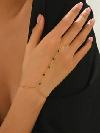 1pc Women's 18K Gold Plated Stainless Steel 5-Round Green Zirconia Stone Knuckle Finger Hand Chain, Fashion Jewelry