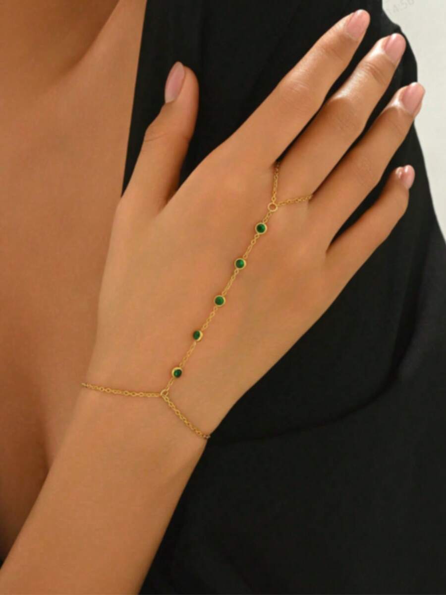 1 件女士 18K 镀金不锈钢 5 圈绿色锆石指节手链，时尚珠宝 - 綠色 - 查看 1