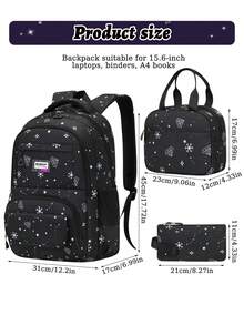 3pcs Black Snowflake Boy & Girl Backpack, Tote Bag, Pencil Case Set, Lightweight Large Capacity Polyester Student School Bag, Travel Backpack, Ideal Birthday Gift, Back To School Essential