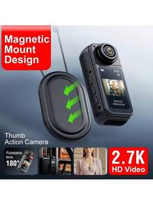 2.7K Ultra HD Fashionable Thumb Camera, Built-In WiFi, 180° Rotating Wide-Angle Lens, 1.47-Inch IPS Display Screen, Loop Recording, Wearable Mini Portable Vlog Camera, Magnetic Design, Suitable For Outdoor Travel, Sports And Fitness, Life Capture, Parent-Youngsters Activities, Adventure Photography