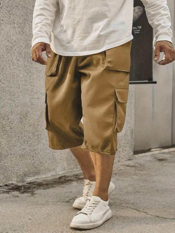 Plus Size Men's Summer Casual Multi-Pocket Drawstring Waist Capri Pants