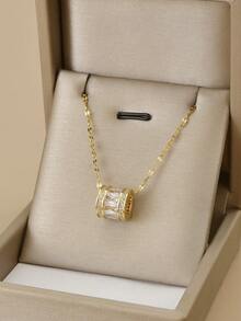 1pc Fashionable Rhinestone Circular Pendant Stainless Steel Necklace, Gold Jewelry, Gold Necklace, Gift - Yellow Gold - View 10