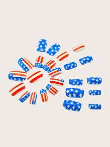 24 Peças Kit de Unhas Postiças Quadradas Médias Francesas Azul, Design Estrela e Listras da Bandeira do Dia da Independência Brilhante, Ajuste Perfeito para Unhas Falsas, Kit de Unhas Falsas de Cobertura Completa, Inclui 1 Peça folha de Adesivos e 1 Peça Mini Lixa, Para Uso Diário, Escritório, Casa, Festa, Acessórios de Joias Femininas, Dicas de Unhas Falsas 1 Peça Tira de Lixa Gelatina Gel, Remessa Aleatória