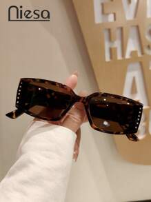 Modische rechteckige Kristall besetzte Gläser hochwertige Damenbrille, vielseitiges lässiges Strandreise Accessoire, einfarbig, PC (Polycarbonat) legere Mode für Frauen, ganzjähriger Preppy-Stil für den Schulanfang rechteckiger Strass-Dekor