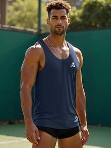 1pc Dark Blue Simple Printed Summer Men's Sportswear, Comfortable Sleeveless Round Neck Fitness Clothes, Suitable For Running, Various Fitness Activities, Outdoor Sports, And Casual Outings - Navy Blue - View 4