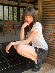 Sweet Girl Puff Sleeve Lace Trim Tie Waist Slim Fit White Blouse