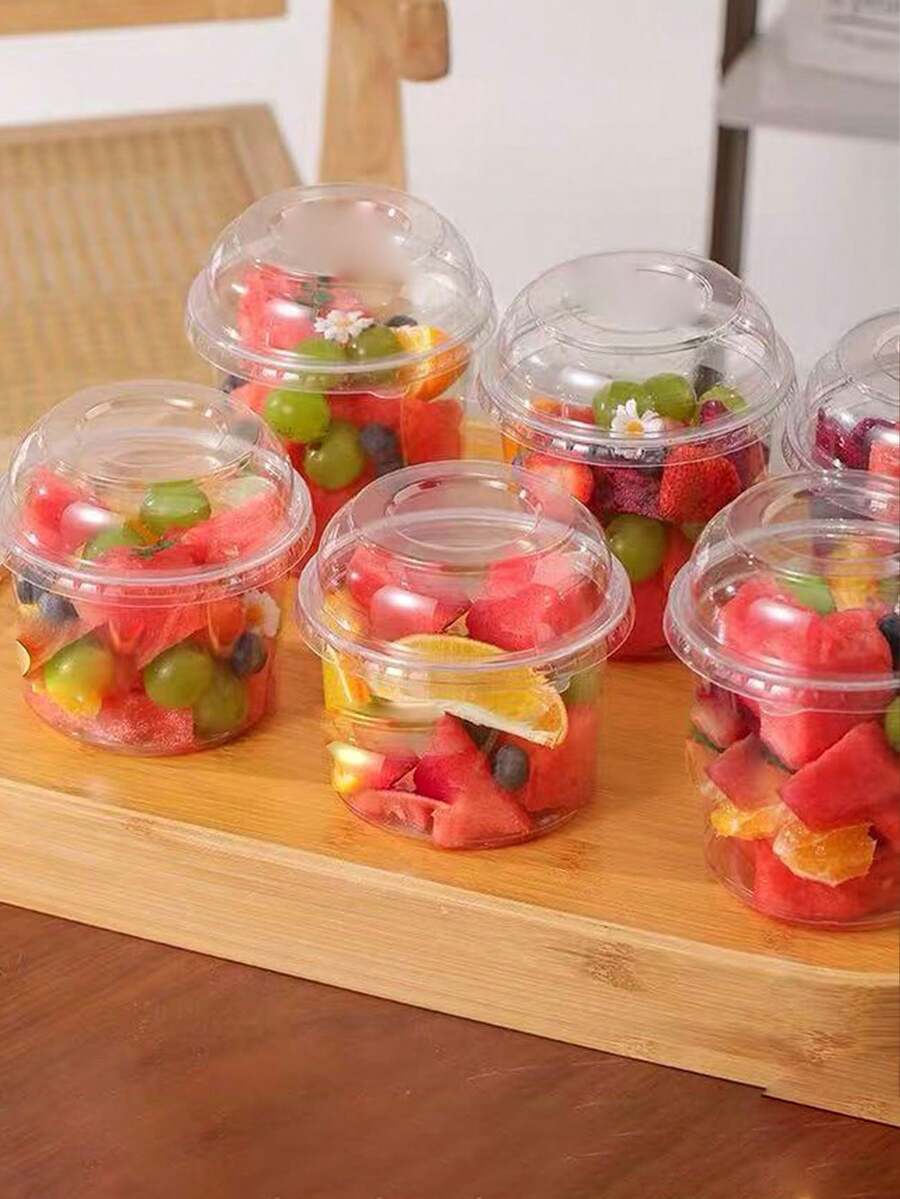 10个带盖透明圆形包装杯，时尚水果沙拉、酸奶和果汁杯 - 白色 - 查看 1