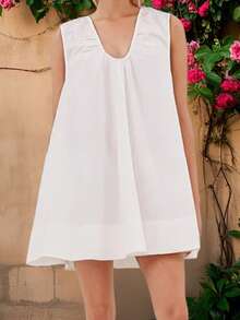 Women's V Neck Tank Dress Sleeveless Solid Color Loose Beach Dresses With Pocket - White - View 2