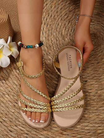 Boho Style Flat Sandals For Women, Elegant Solid Color PU Leather Asymmetric Woven Thong Flat Sandals, Suitable For Beach, Wedding, Party, Office, Outdoor, Home, Gym, Summer