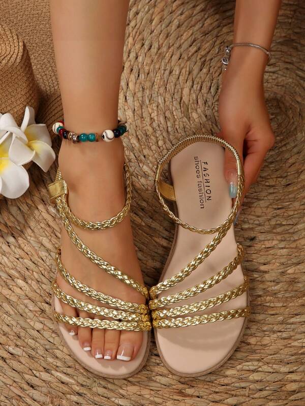 صنادل شقق للنساء بنمط بوهيمي ، صنادل شقق من جلد اصطناعي بلون أحادي متشابك بشكل غير متماثل، مناسبة للشاطئ والزفاف والحفلات والمكتب والخارج والمنزل والجيم والصيف