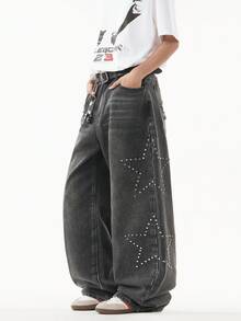 1条正义兄弟美式街头铆钉五角星牛仔裤，品牌水洗宽松阔腿休闲街头裤，宽松版型长裤（不含腰带和配饰）