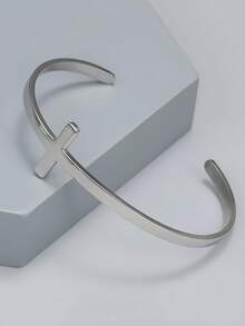 1 件简约不锈钢十字架手链，适合男士日常、节日和派对佩戴 - 銀色 - 查看 4